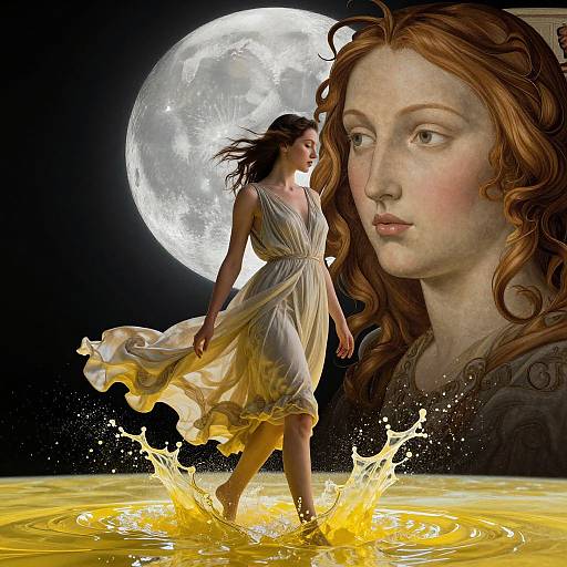 Digital artwork of a red-haired woman in a flowing, beige dress, stepping through vibrant water splashes under a full moon. Her large, ethereal