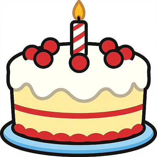 Colorful digital illustration of a birthday cake with white frosting, red and yellow layers, red berries, and a lit candle.