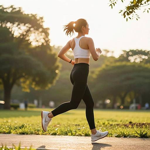 Photograph of a fit woman jogging in a park at sunset, wearing a white sports bra, black leggings, and white sneakers.