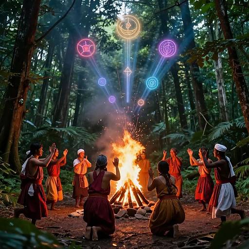 Photograph of a group of Southeast Asian villagers in traditional red and white clothing, performing a ritual around a bright fire in a lush, dark forest,