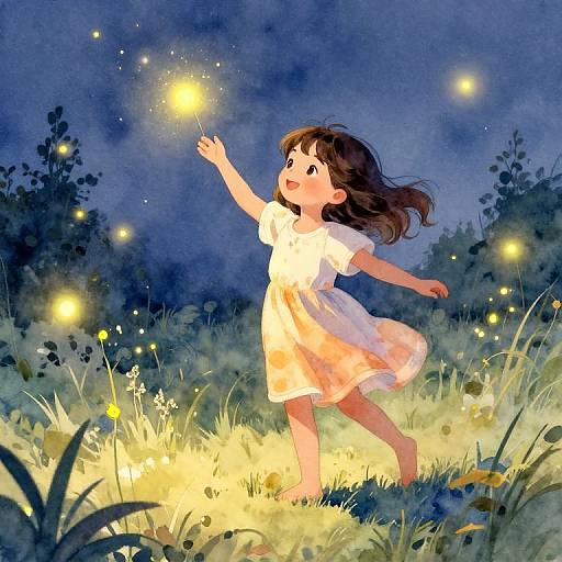 Digital illustration of a young girl in a white dress, joyfully reaching for a glowing firefly in a moonlit, grassy meadow.