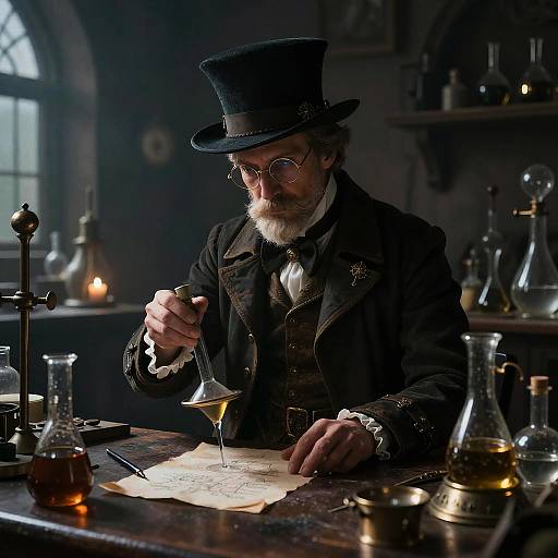 Photograph of a bearded, elderly man in a black top hat and coat, wearing round glasses, writing in a dimly lit, Victorian-era