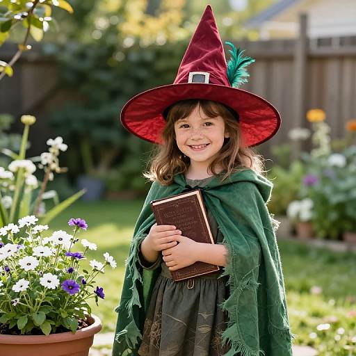 Photograph of a smiling young girl in a green cloak, red witch hat with feather, holding a book, standing in a sunny garden with blooming