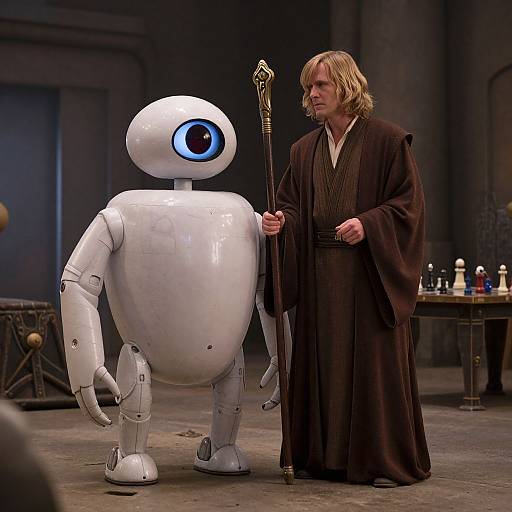 Photograph of a slim, blond-haired man in a brown Jedi robe standing beside a white, round robot with a blue eye, holding a staff,