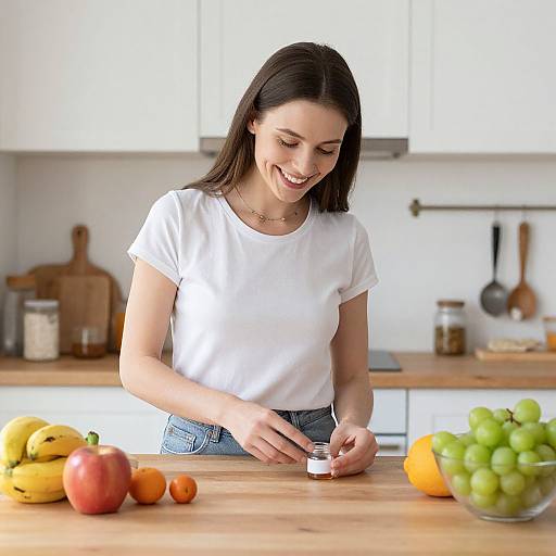 Photograph of a smiling young woman with straight black hair, wearing a white t-shirt, measuring ingredients on a wooden kitchen counter with various fruits including bananas