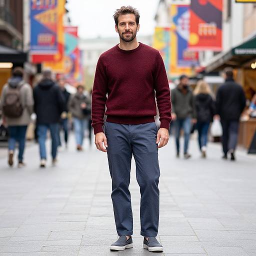 Photograph of a bearded man with dark hair, wearing a maroon sweater, dark pants, and black shoes, standing in a busy urban street