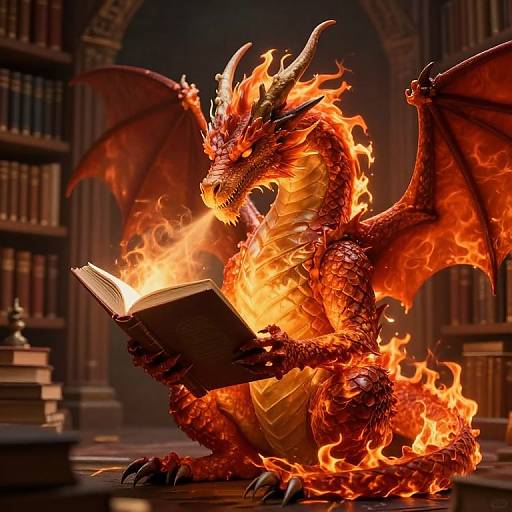 Digital artwork of a fiery red dragon with horns, wings, and scales, reading an open book in a dark library.