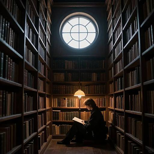 Photograph of a silhouette figure reading a book in a dimly lit, narrow library aisle with tall bookshelves, circular window, and warm lamp