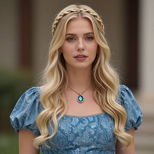 Serene Blonde Woman in Blue Dress