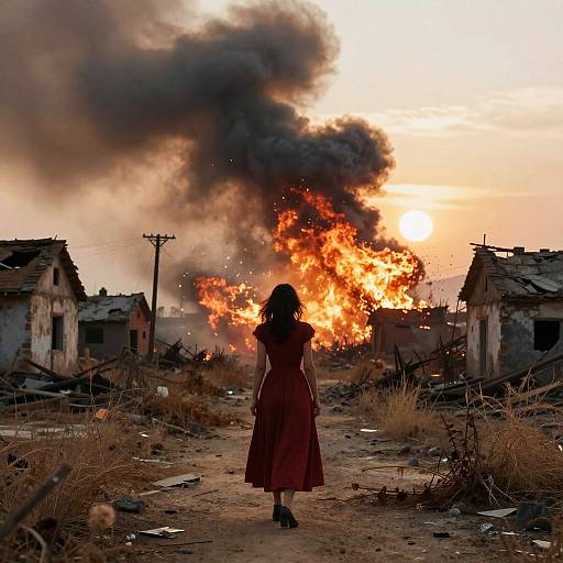 Photograph of a woman in a red dress standing amidst burning, abandoned houses with dense black smoke and fiery orange flames at sunset.