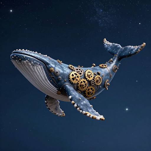 Photograph of a blue whale adorned with gold gears and cogs, swimming in a starry, deep blue ocean. Steampunk-inspired marine art