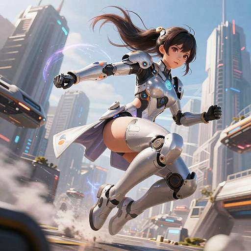 Digital anime-style artwork: A futuristic, cyborg girl with long black hair, white and black armor, and blue lights, leaps through a bustling,