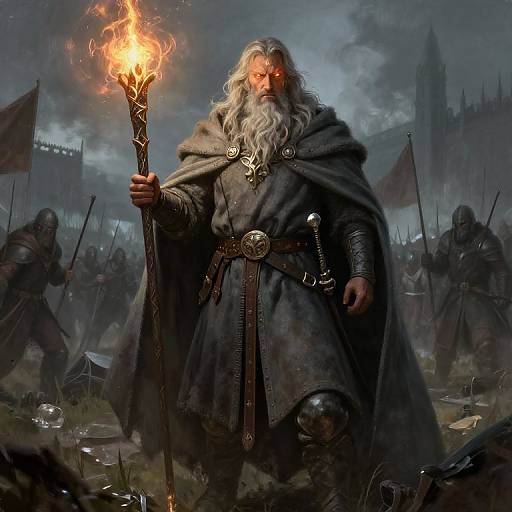 Digital fantasy artwork: A towering, white-bearded wizard with glowing red eyes holds a fiery staff, surrounded by armored warriors and battle flags in a storm