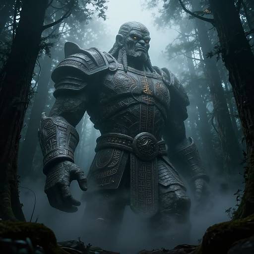 Towering Ancient Stone Golem in Mist