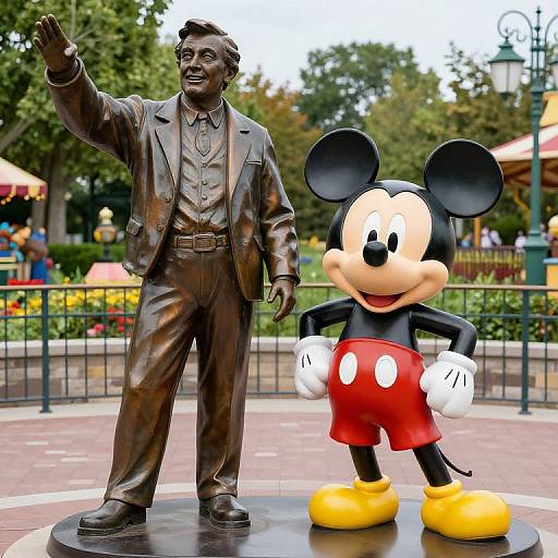 Photograph of bronze statue of a smiling man in suit and Walt Disney with large ears, red shorts, and yellow shoes. Background: park, trees