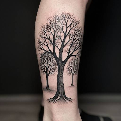 Black ink tattoo of three leafless trees on a pale-skinned arm, with detailed branches and roots, set against a black background.