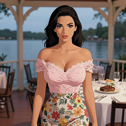 Digital illustration of a beautiful woman with long black hair, wearing a pink lace off-shoulder top and floral skirt, standing in a waterfront restaurant with