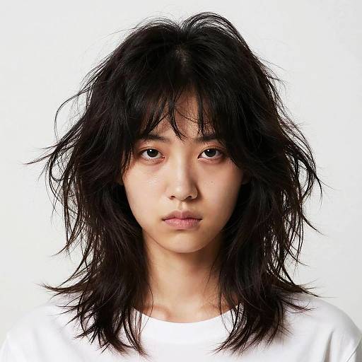 Photograph of an East Asian woman with messy black hair, neutral expression, and fair skin, wearing a white shirt against a plain white background.