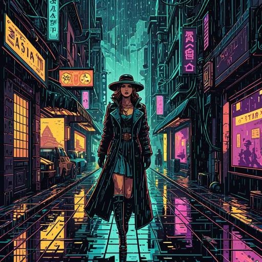 Neo-Noir Cyberpunk Femme Fatale in Rainy City Alley