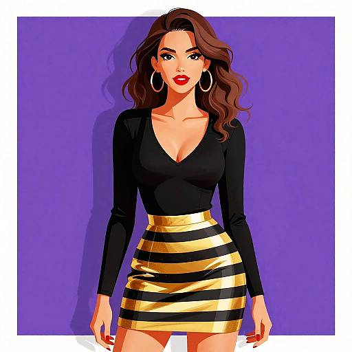 Digital illustration of a confident woman with wavy brown hair, red lipstick, large hoop earrings, black deep V-neck top, and gold-striped black mini