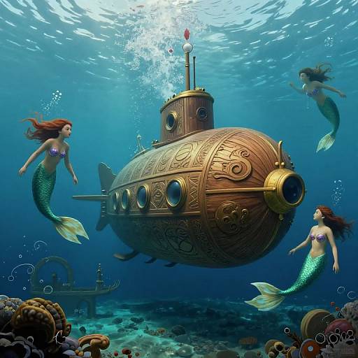 Digital fantasy artwork: Two mermaids with green scales and purple tops, swim around an ornate, submarine-like vessel with gold accents in a vibrant underwater