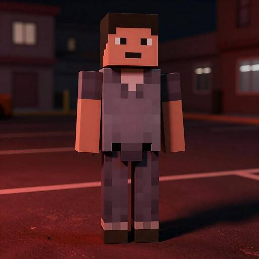 Pixelated Man in Blocky Suit at Night