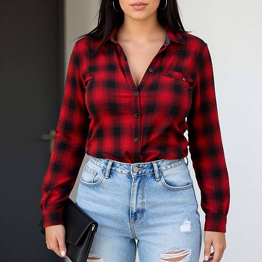 Photograph of a woman with long black hair, wearing a red and black plaid shirt, light blue high-waisted ripped jeans, and holding