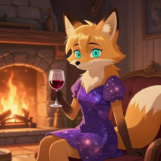 Anthropomorphic fox with vibrant orange fur and blue eyes, wearing a galaxy-patterned dress, holds a glass of red wine by a cozy, lit
