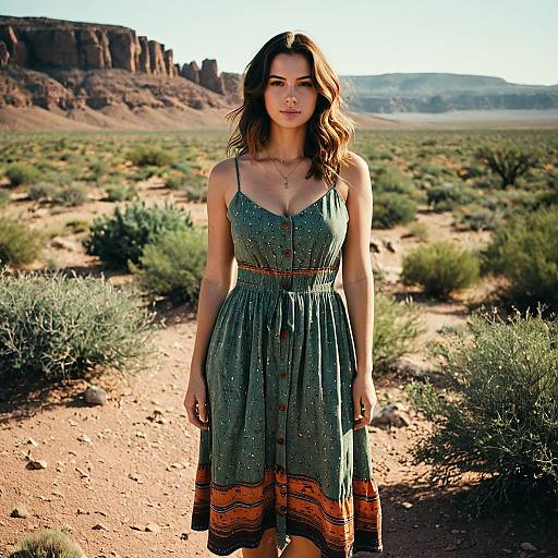 Woman in Bohemian Sundress in Desert Landscape
