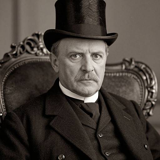 Black-and-white photograph of a middle-aged white man with a mustache, wearing a tall black top hat and dark, formal Victorian attire, seated on
