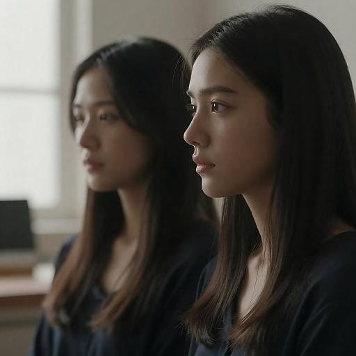 Intense Gaze of Two Dark-Haired Friends