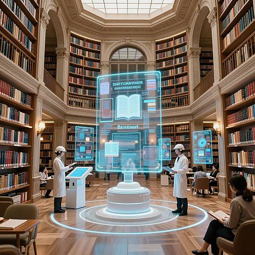 Futuristic Library with Holographic Books