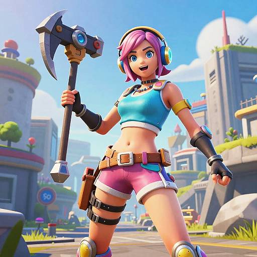 Digital 3D anime-style artwork of a pink-haired, blue-eyed, energetic girl with a large hammer, wearing a blue crop top, pink shorts