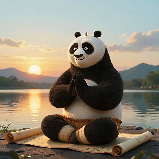 CGI image of a smiling, anthropomorphic panda meditating by a serene lake at sunset, wearing bamboo shorts, with mountains and trees in the background