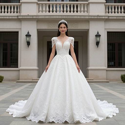 Photograph of a smiling woman in a white lace wedding gown with cap sleeves, standing on a stone courtyard in front of a classical building with black lantern