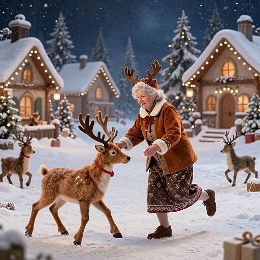 Photograph: Santa Claus with white beard and antlers, brown coat, and black skirt, pets a reindeer in a snowy village at night,