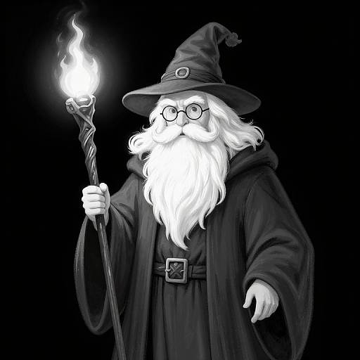 Digital drawing of a white-bearded wizard with round glasses, black hat, robe, holding a glowing magical staff against a black background.