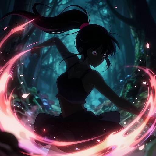 Digital anime-style drawing of a silhouetted girl with a ponytail, surrounded by glowing pink and white energy rings in a mystical, blue-l