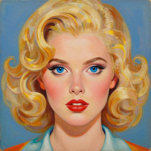 Digital pop art portrait of a blonde woman with blue eyes, red lips, and curled hair against a blue background.