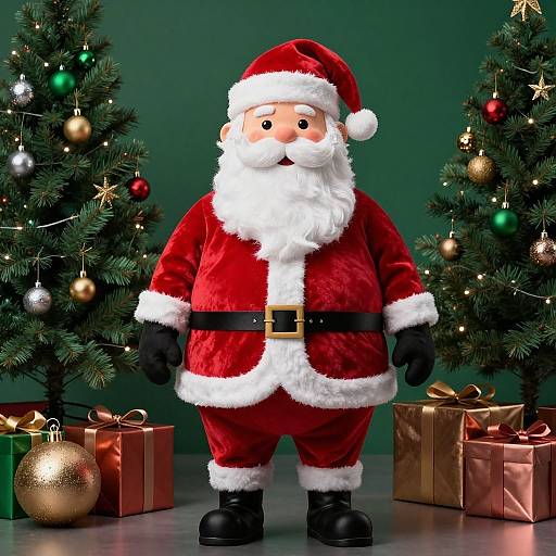 Photograph of a plush Santa Claus with a white beard and red suit, standing between two decorated Christmas trees and wrapped gifts.