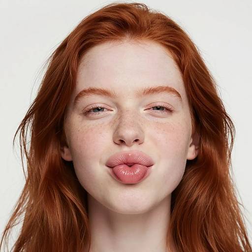 Photograph of a fair-skinned, red-haired woman with freckles, pouting her pink lips, against a white background, showing natural light