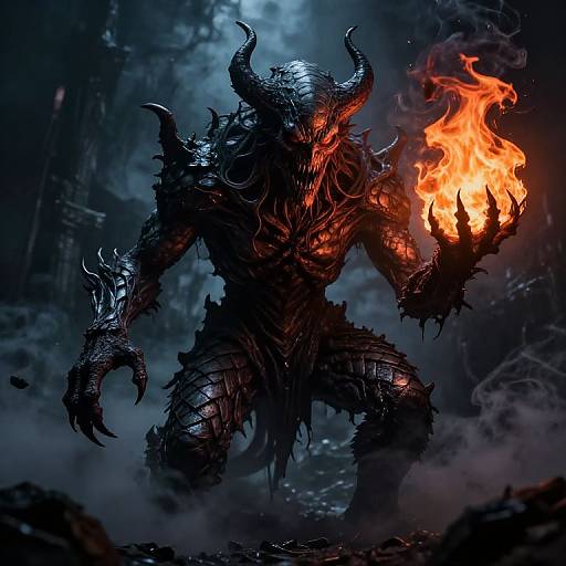Digital artwork of a dark, horned demon with glowing orange flames in its right hand, standing amidst a smoky, dark forest.