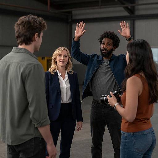 Warehouse Standoff: Cinematic Four-Person Scene