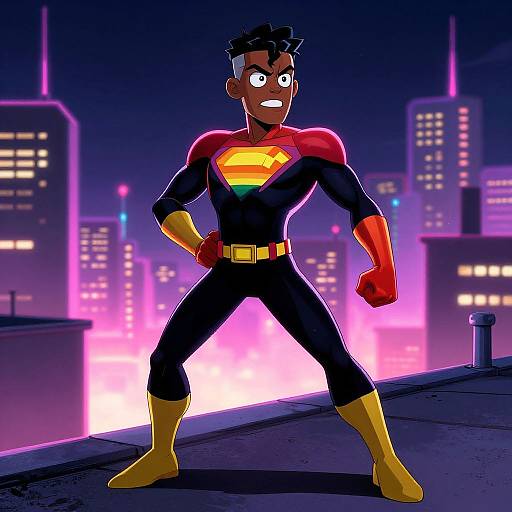 Digital cartoon of a dark-skinned, muscular, black-haired superhero with red gloves, boots, and chest, yellow and red emblem, standing confidently on