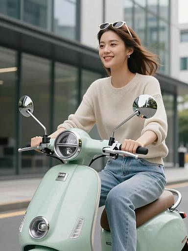 Woman Riding Mint Green Scooter