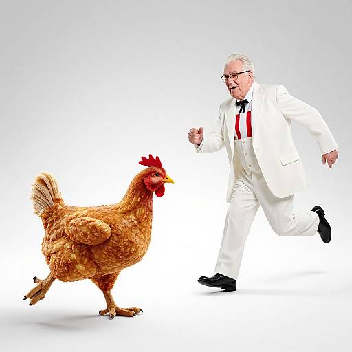 Photograph of an elderly man in a white suit and red tie chasing a brown chicken against a white gradient background.