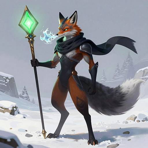 Dark Fox-Human Fusion with Glowing Staff
