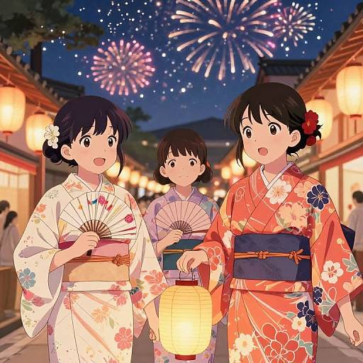 Digital anime-style drawing of three Japanese women in colorful kimonos holding fans and lanterns, walking under a night sky with fireworks.