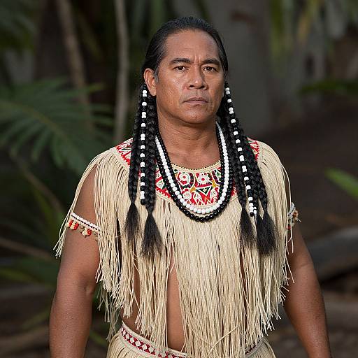 Photograph of a Native Hawaiian man with dark hair in braids, wearing a traditional fringed, beige, tasseled shirt and necklace, standing