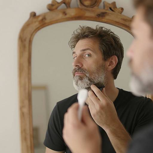 Photograph of a middle-aged man with gray beard and tousled hair, using a mirror to apply shaving cream, wearing a black t-shirt, in